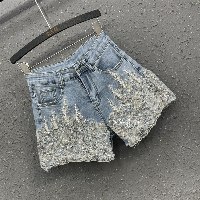 Heavy Industry Western Style Beaded Denim Shorts For Women