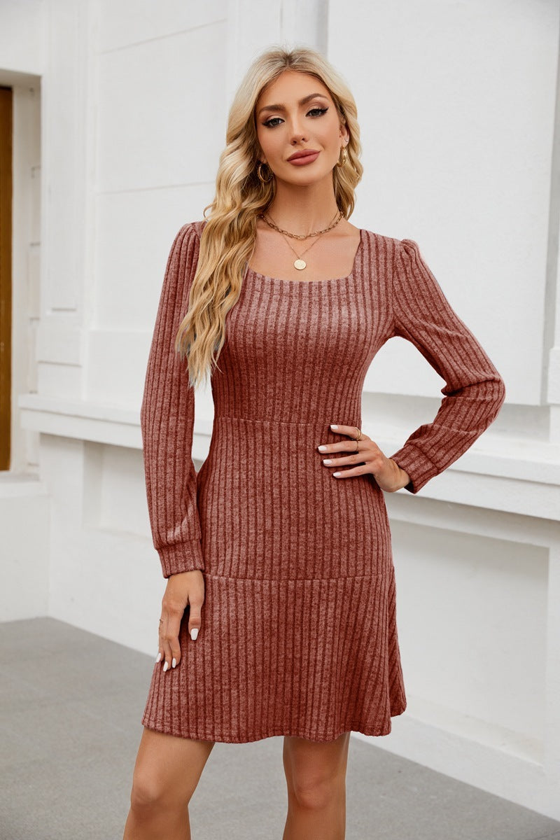 Woman Square-neck Lantern Sleeve Pocket Long Sleeve Dress