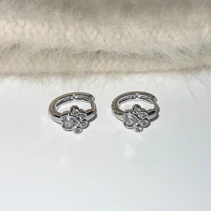 Female Diamond Studded Love Cat Foot Earrings