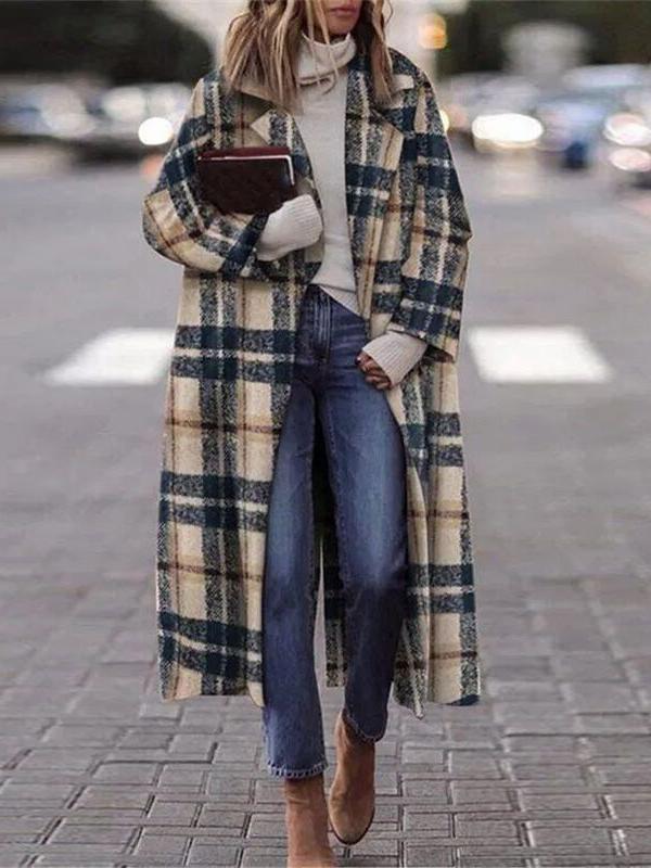 Women's Solid Color Loose Plaid Woolen Coat