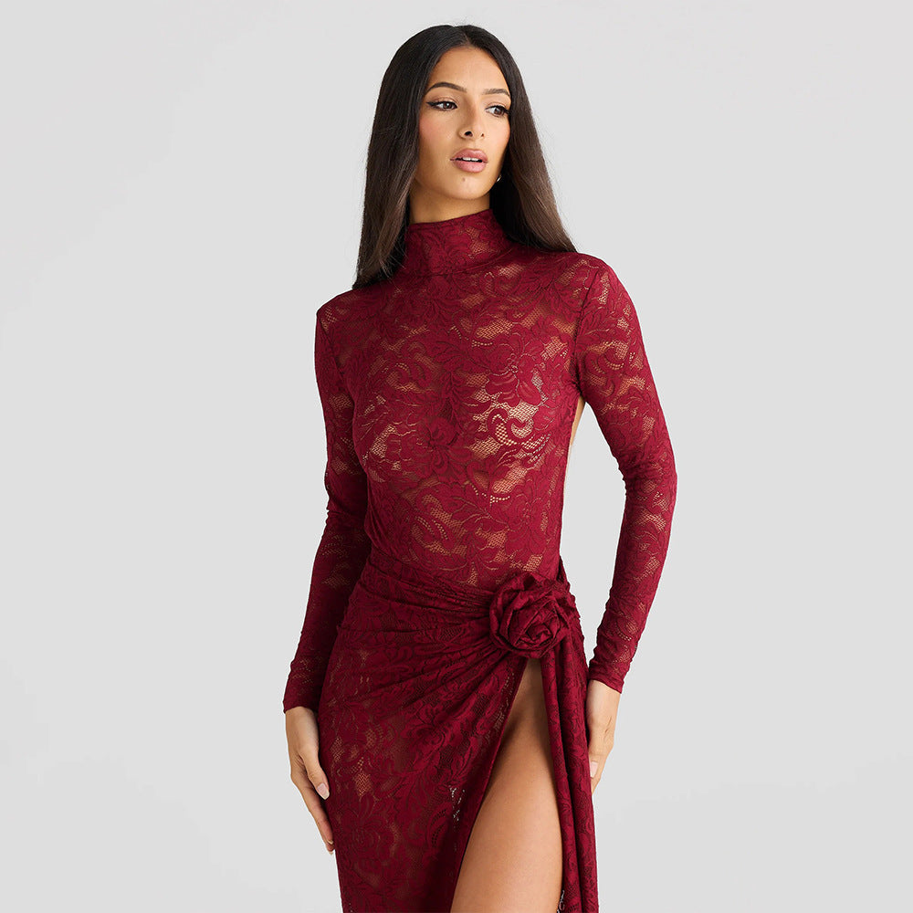 Slim-fit See-through Two-piece Half Turtleneck Bare Back