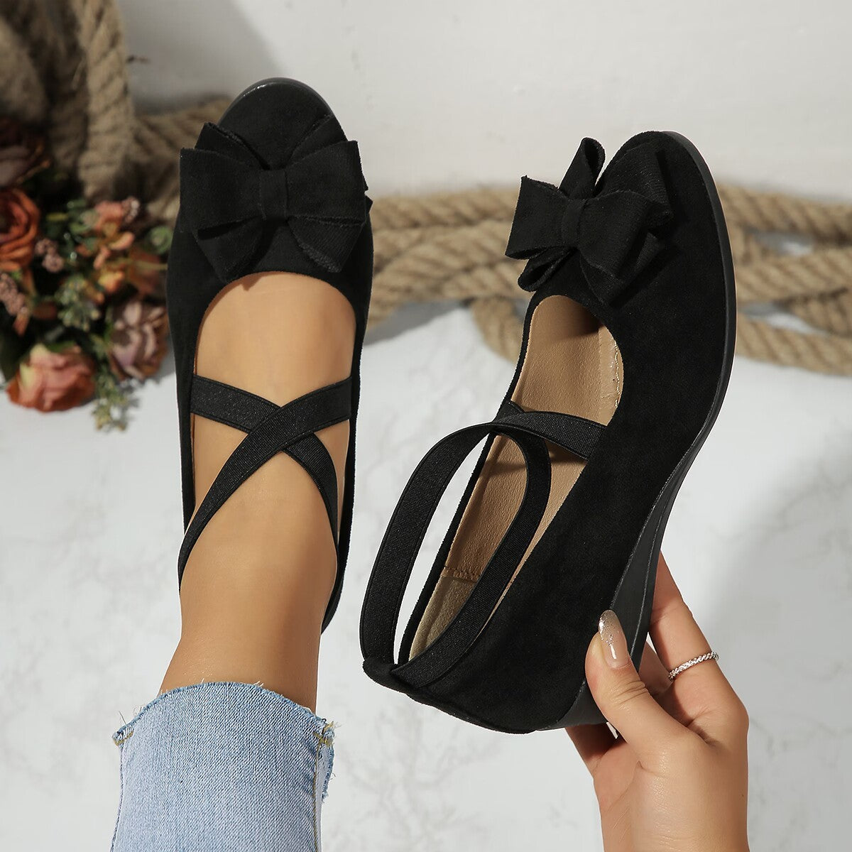 Suede Bow Cross Elastic Band Wedge Oversized Shoes