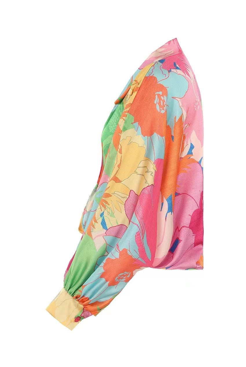 Women's Fashion Printed Lantern Sleeve All-matching Shirt