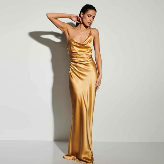 Women's Slim-fit Satin Pleated Suspender Long Dress