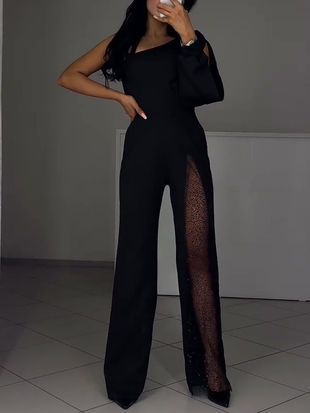 Single Sleeve Patchwork Mesh Jumpsuit