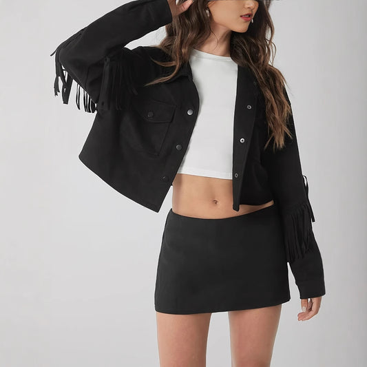 Women's Solid Color Casual Fringe Decoration Long Sleeved Jacket