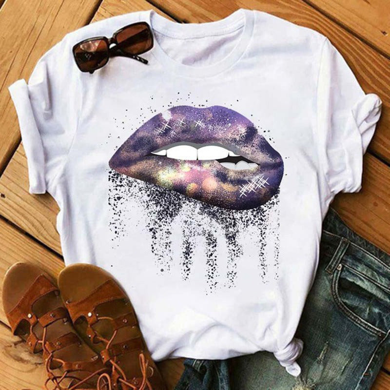 Women's Lip Colorful White With Printed Pattern Short Sleeve