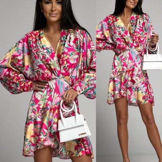 European And American Long Sleeve V-neck Flower Dress