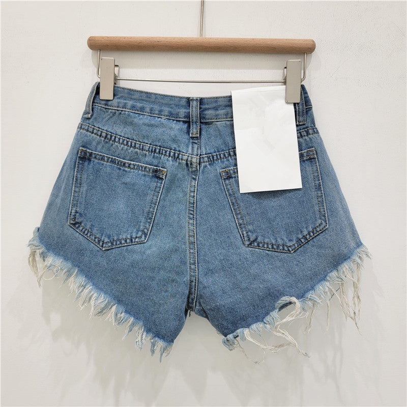 Denim Shorts Women's Summer High Waist Slimming Rhinestone Fringed Burr