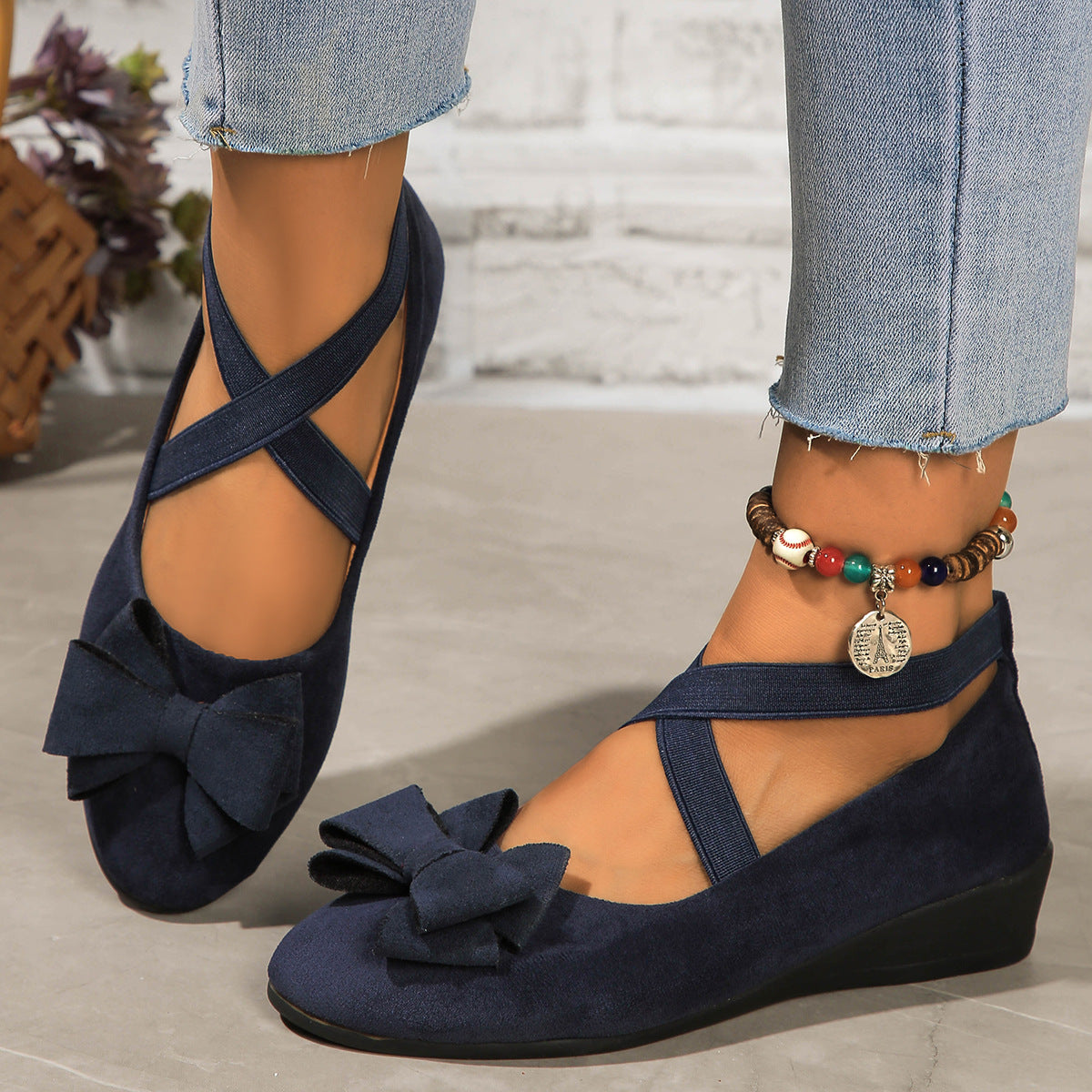 Suede Bow Cross Elastic Band Wedge Oversized Shoes