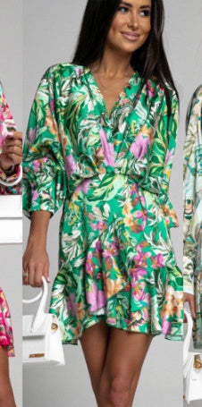 European And American Long Sleeve V-neck Flower Dress