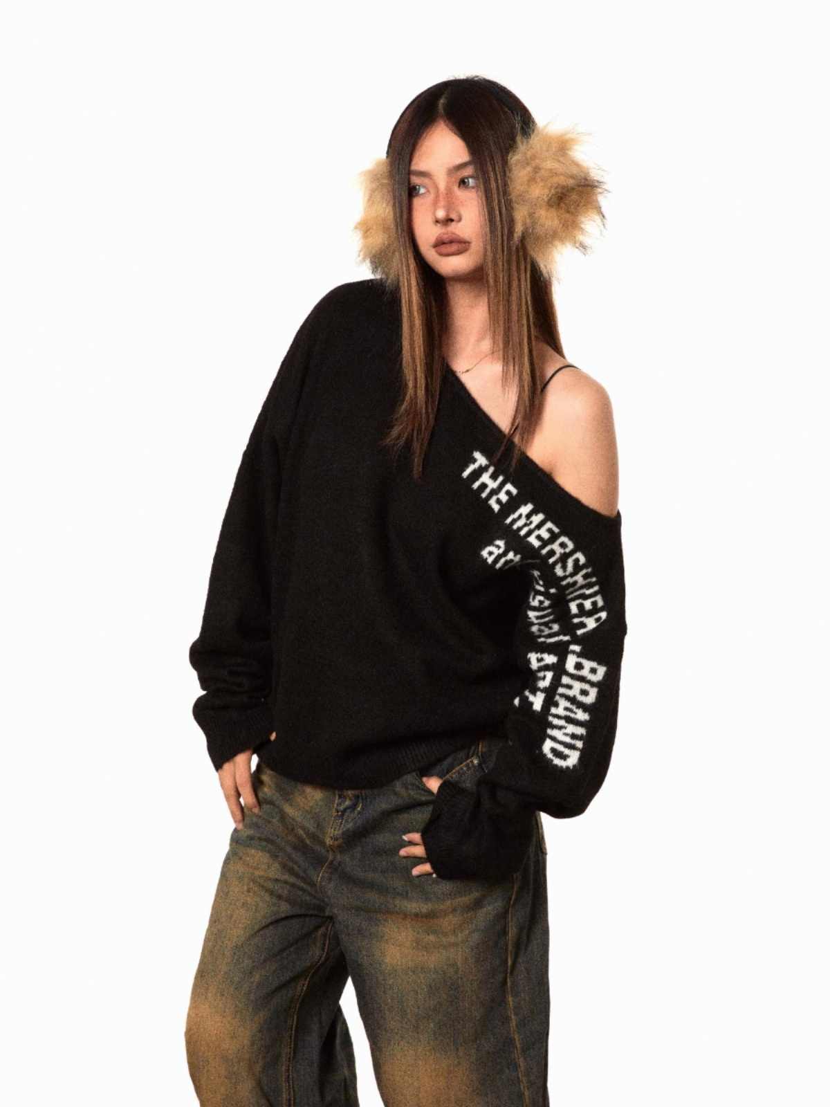 Off-the-shoulder Letter Sweater Retro Oblique Shoulder Collar Top