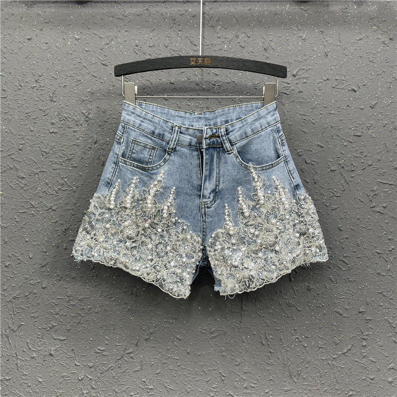 Heavy Industry Western Style Beaded Denim Shorts For Women