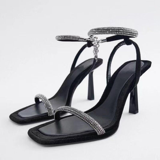 Square Toe Rhinestone Stiletto Sandals Women