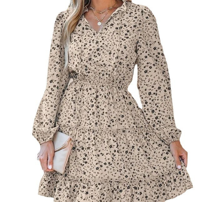 Shi Printed Long Sleeve Dress Waist Slimming Elegant Dress
