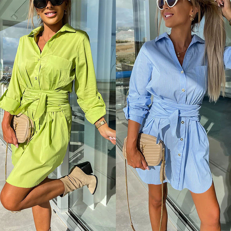 Multi-Color Rolled Sleeves Shirt Dress Women