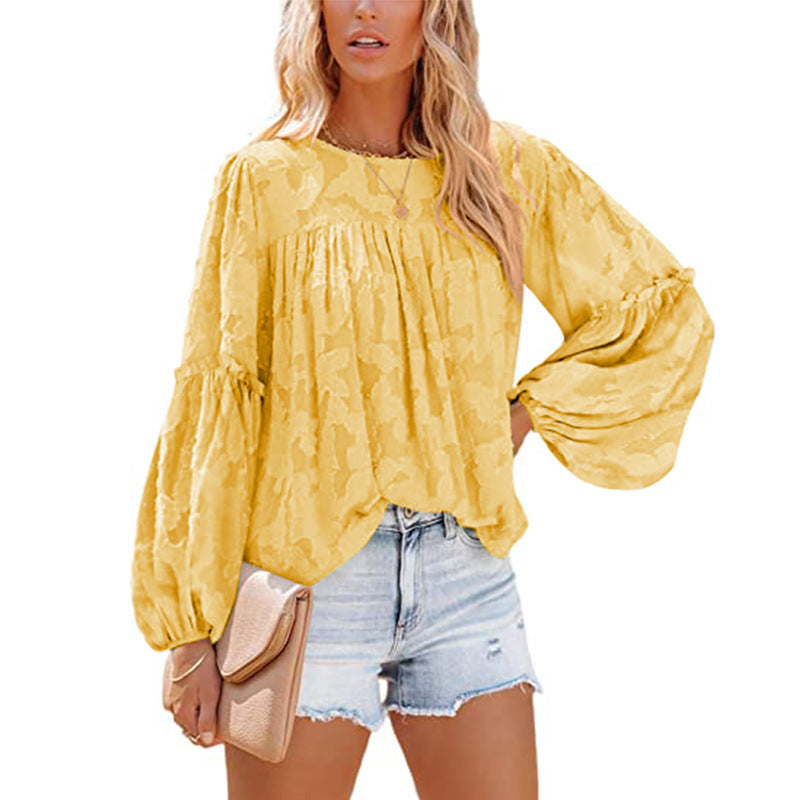 Chiffon Jacquard Floral Texture Lantern Sleeve Shirt