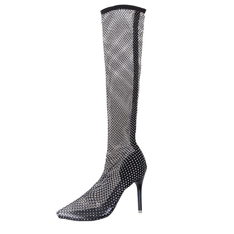 Women's Stiletto Mesh Socks Cutout Rhinestone Over-the-Knee Sock Boots