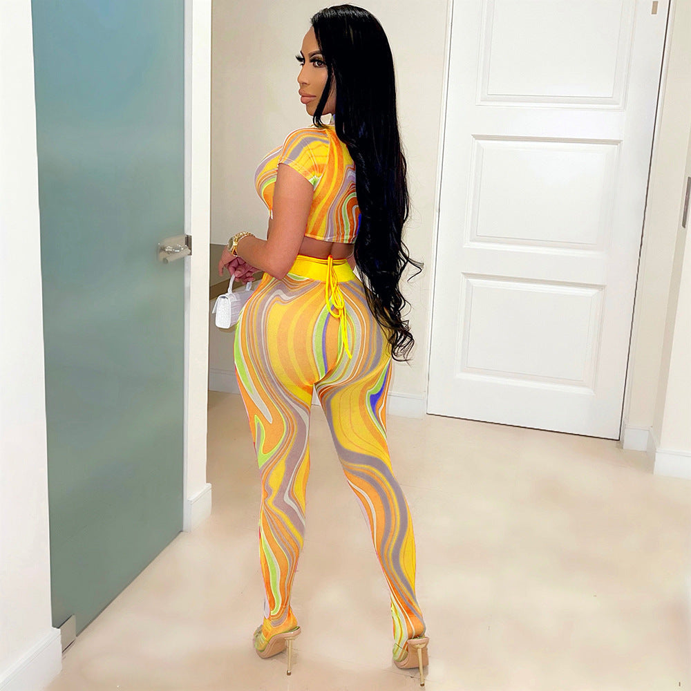 Printed Lace Up Body Stocking Casual Suit Tie-dye Waist Tether Short Sleeve Mesh Pantyhose