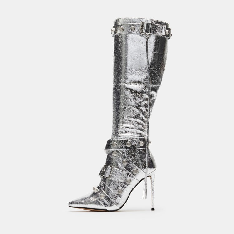 Metal Leathern Pointed Stiletto Heel High Leg Boot Rivet