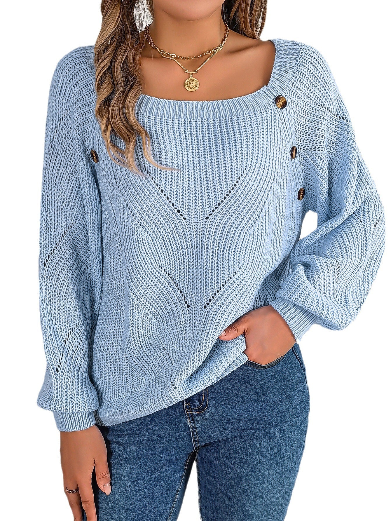 Button Solid Color Hollow-out Lantern Sleeve Sweater