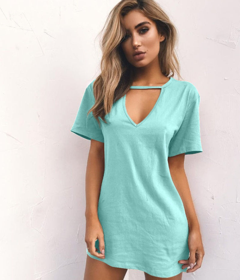 Wish AliExpress ebay summer hot sale explosions Europe and America sexy deep V short-sleeved T-shirt loose casual dress