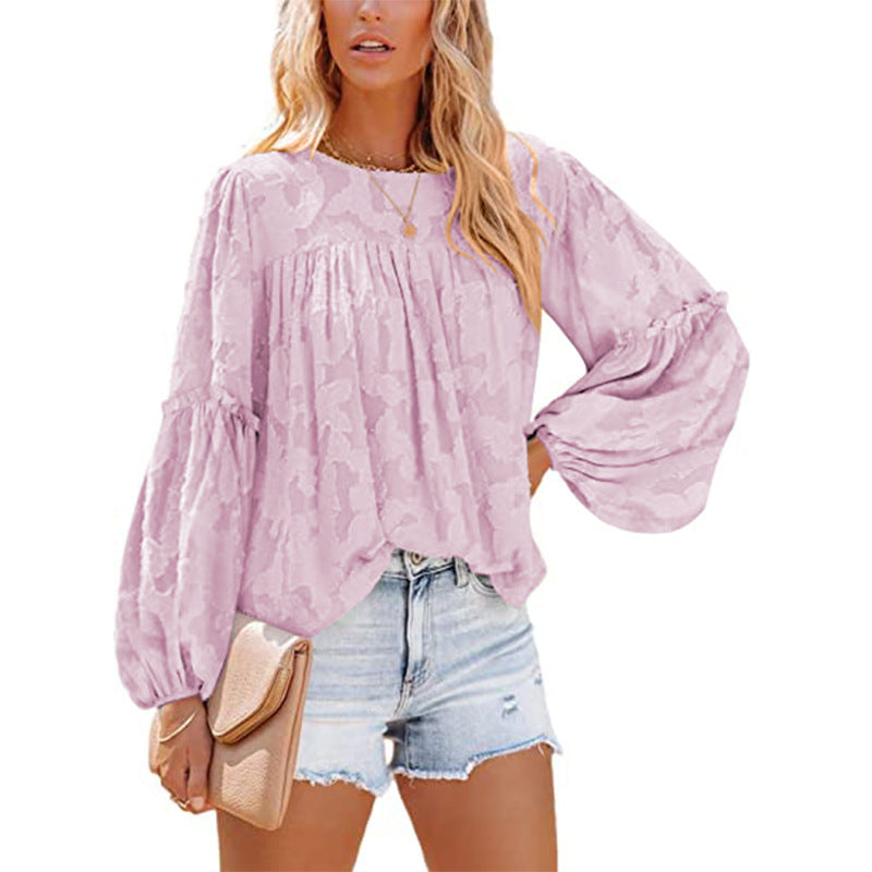 Chiffon Jacquard Floral Texture Lantern Sleeve Shirt