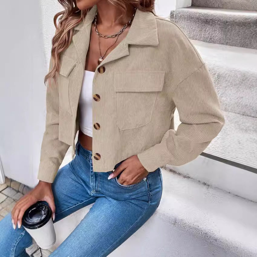 Women's Fashion Short Corduroy Button Jacket Casual Short Coat
