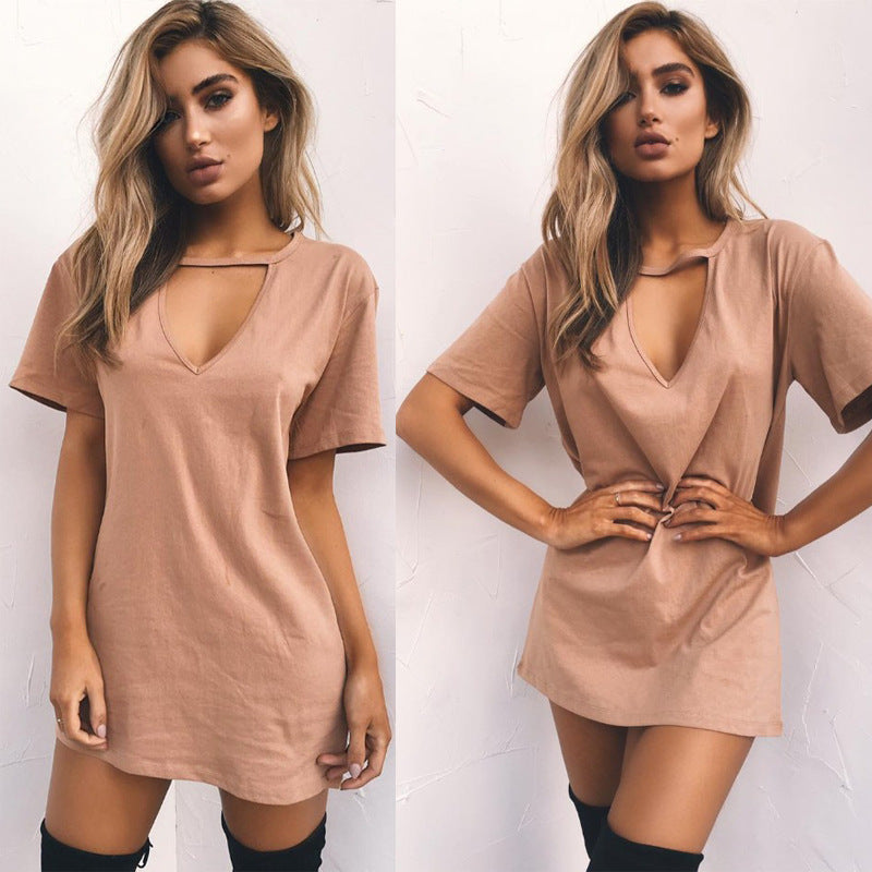 Wish AliExpress ebay summer hot sale explosions Europe and America sexy deep V short-sleeved T-shirt loose casual dress