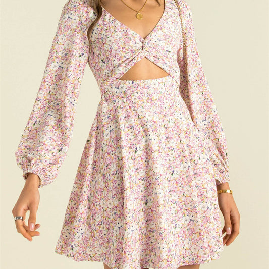 V-neck Long-sleeved Floral Dress Trendy Brand