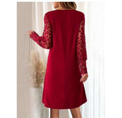 Foldable Solid Color Lace Sleeve Dress