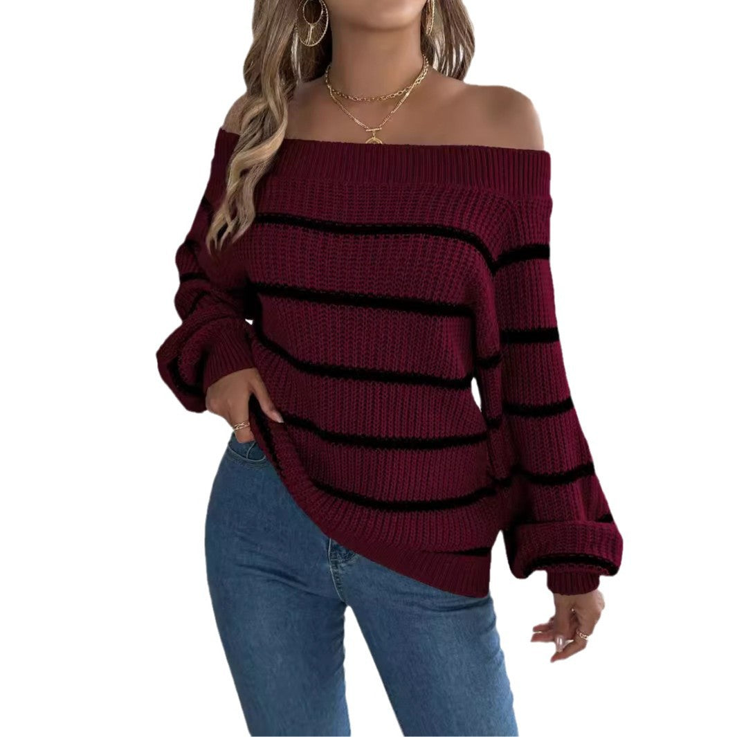 Casual Striped Off-the-shoulder Lantern Sleeve Pullover