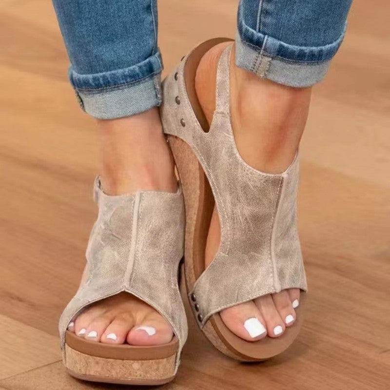 Women's Wedge Peep Toe Platform Rivet Sandals