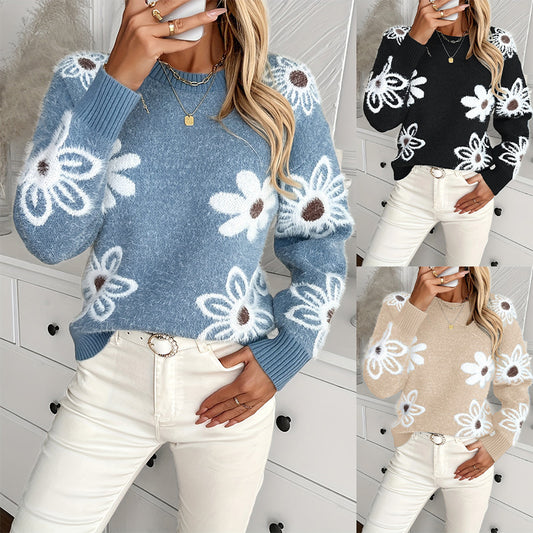 Elegant Flowers Knitted Sweater Fashion Casual