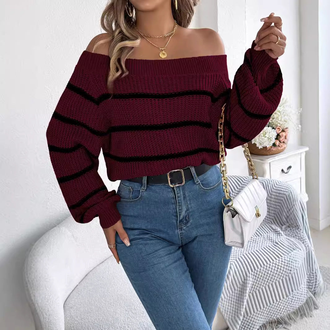 Casual Striped Off-the-shoulder Lantern Sleeve Pullover