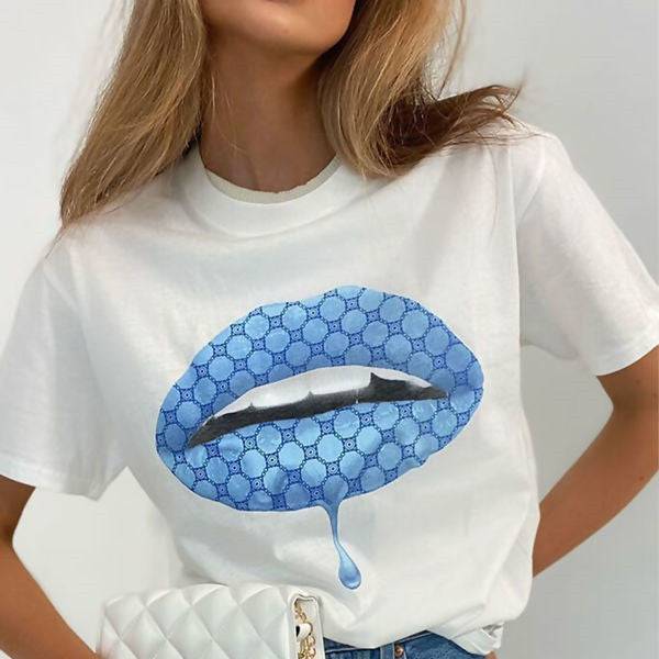 White Blue Monogram Lips T-Shirt