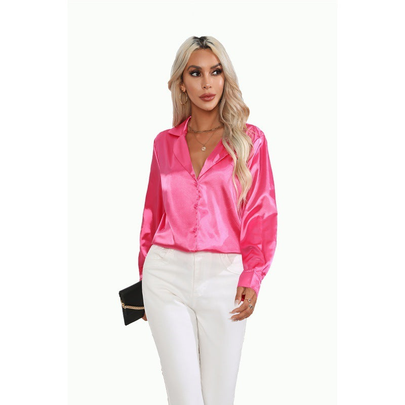 Suit Collar Satin Shirt For Women