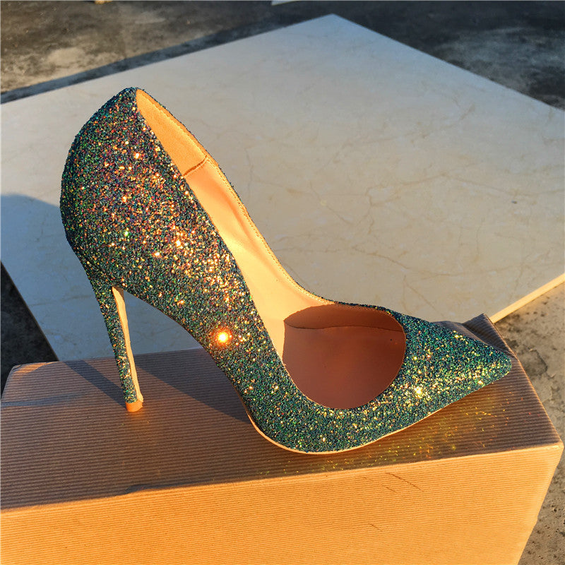 Women's Stiletto Heel Pointed-toe Fashion Sequined Green High Heels