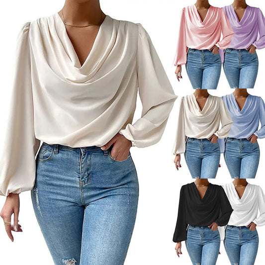 Chiffon Long-sleeved Shirt Loose V-neck Top T-shirt Women's Clothing