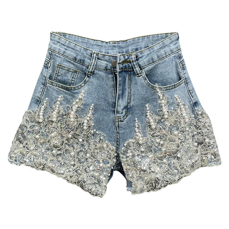 Heavy Industry Western Style Beaded Denim Shorts For Women