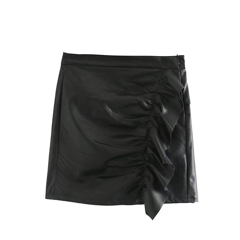 Women's Ruffle Trim Artificial Hip Leather Skirt