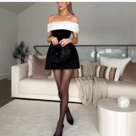 Dress Slim-fit Off-shoulder Contrast Color Women