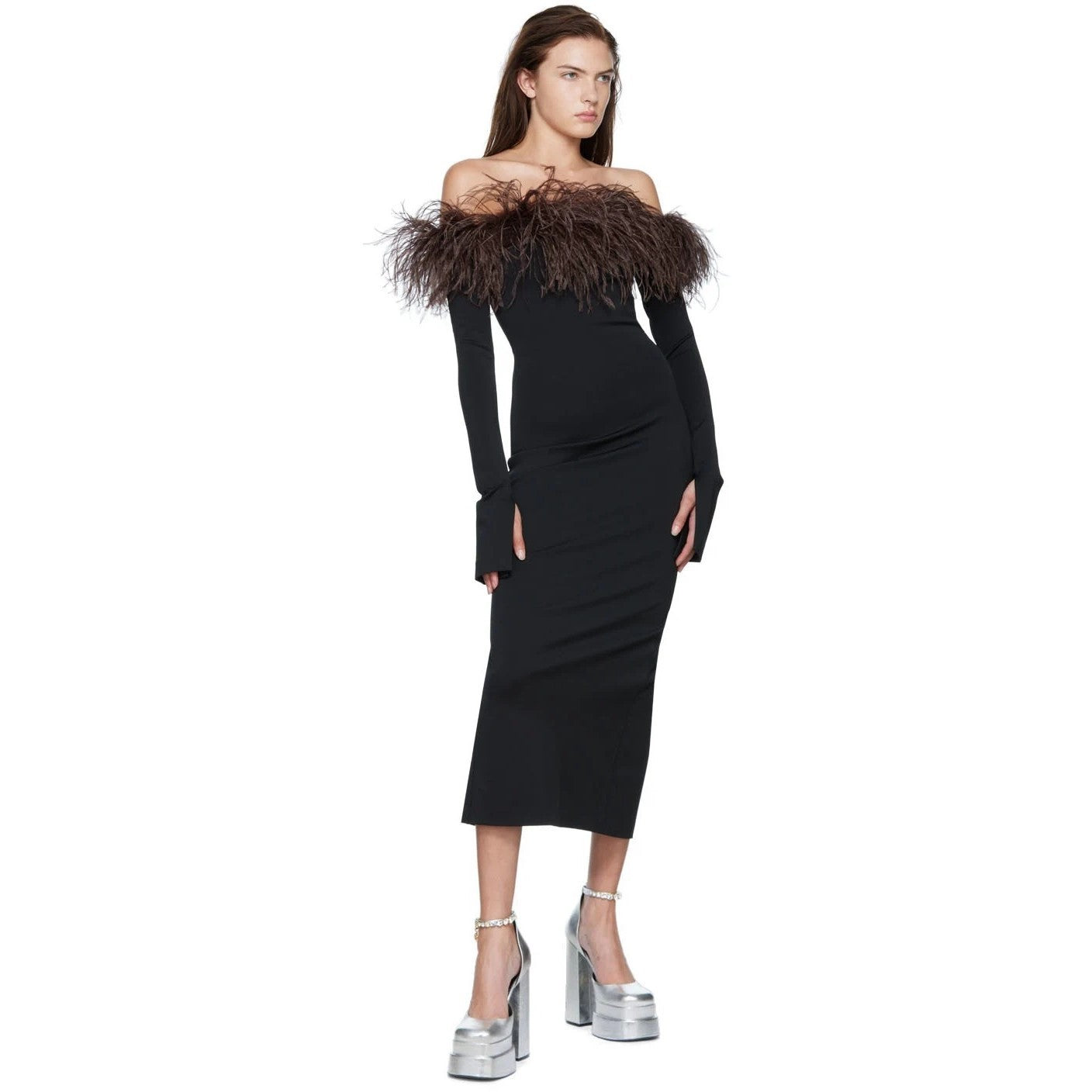 Ostrich Feather Women's Spring Black Long Cuff Off Shoulder Long Belt Dress