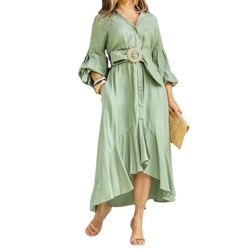 Fashion Casual Green Dress With Full Sleeves