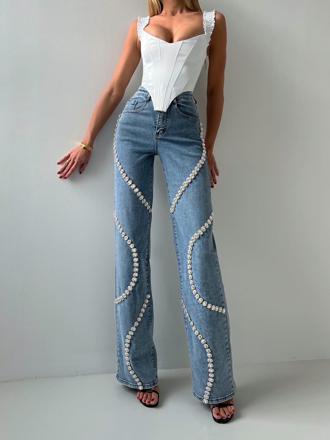 Loose Straight-cut Rhinestone Jeans With Design Sense