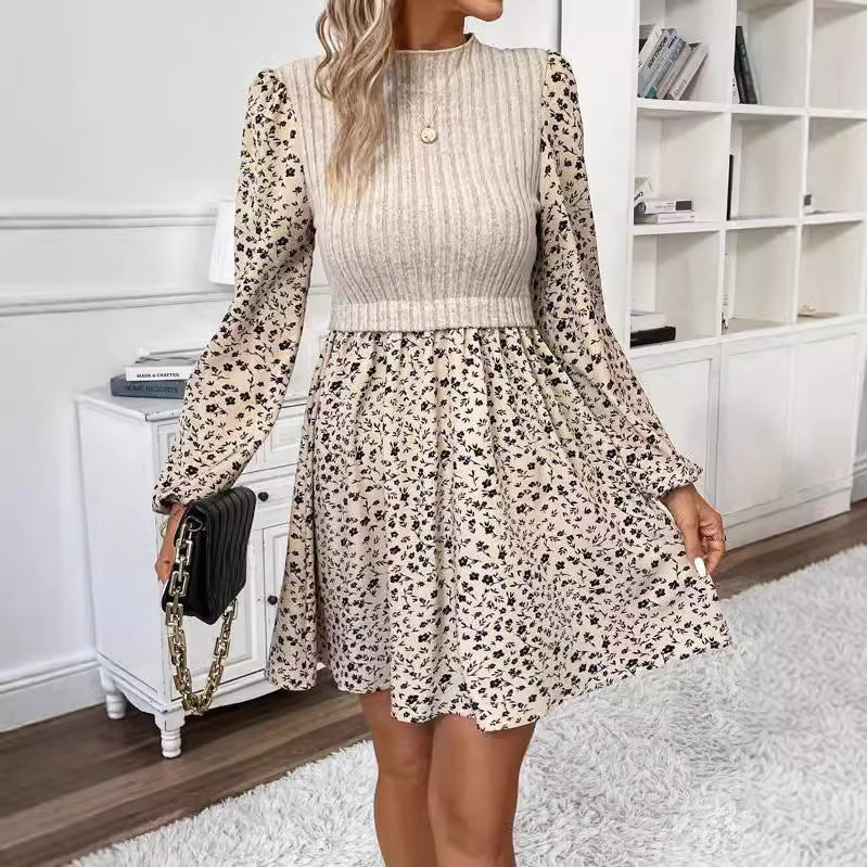 Autumn And Winter New Round Neck Temperament Color Matching Dress