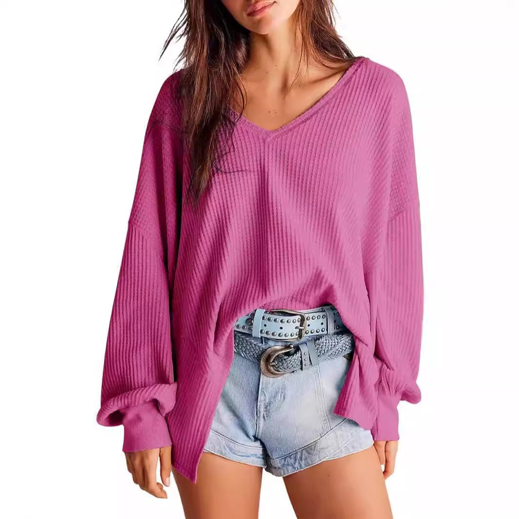 Women's Waffle Knit Blouse Lantern Sleeve Casual Shirt