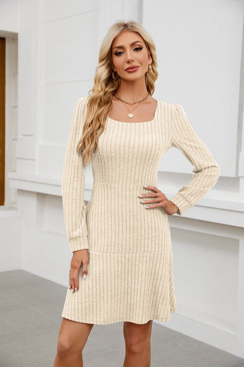 Woman Square-neck Lantern Sleeve Pocket Long Sleeve Dress