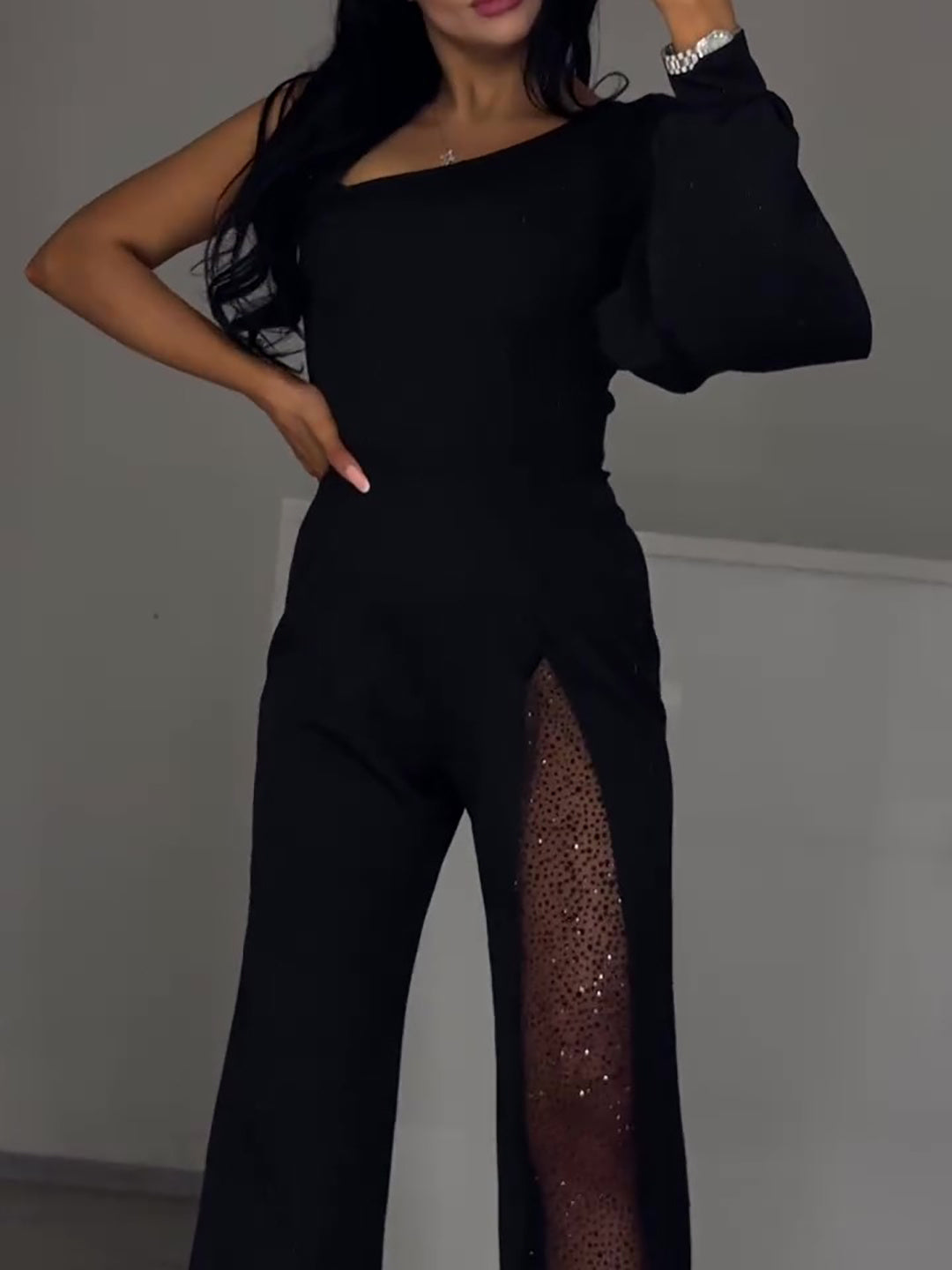 Single Sleeve Patchwork Mesh Jumpsuit