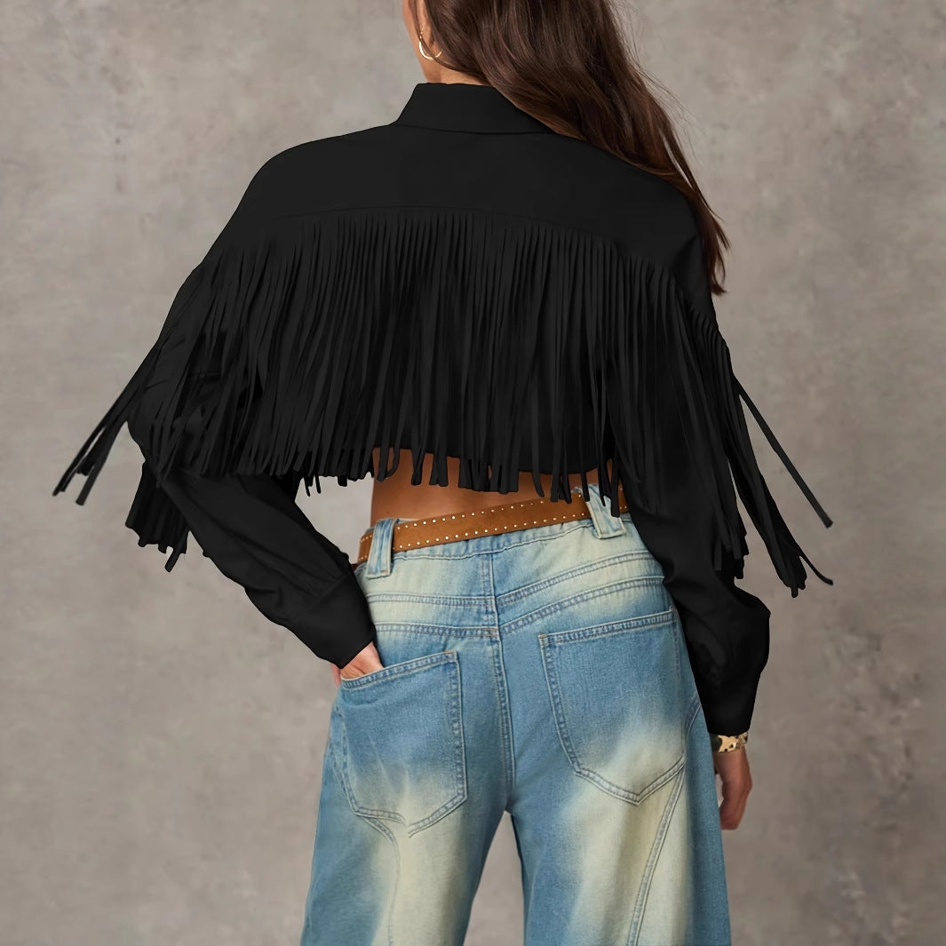 Women's Solid Color Tassel Trimmed Front Buckle Elegant Long Sleeved Jacket